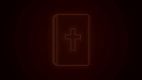 Glowing neon line Holy bible book icon isolated on black background. 4K Video motion graphic animation.