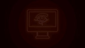 Glowing neon line Eye of Horus on monitor icon isolated on black background. Ancient Egyptian goddess Wedjet symbol of protection, royal power and good health. 4K Video motion graphic animation.