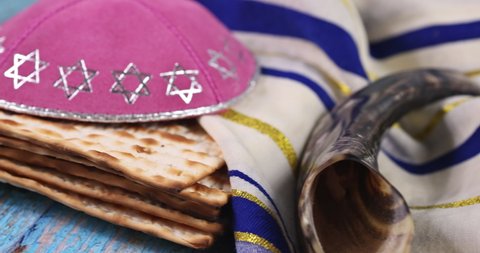 Pesah celebration Jewish traditional holiday with torah scroll and kosher matzah on passover day