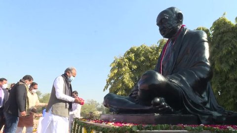 Jaipur, India, Jan. 30, 2022: Rajasthan Chief Minister Ashok Gehlot pays tribute to Mahatma Gandhi on the occasion of Martyrs Day, observed to mark death anniversary of the father of the nation.