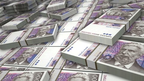 Croatia Kuna banknote bundle loop. HRK money stacks. Concept of business, economy, banking and finance. Camera over cash packs. Loopable seamless 3d animation.