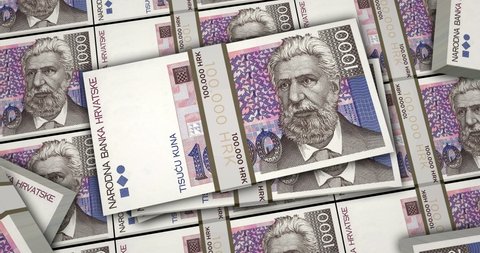 Croatia Kuna banknotes 3d animation. Camera view from close to long distance. HRK money packs. Concept of inflation, economy, crisis, business, banking, debt and finance.