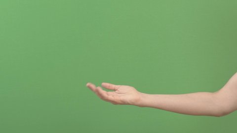 Beckoning, inviting sign. Woman hand waving, inviting somebody come. Hand gesture on green screen chroma key background. 4k footage video