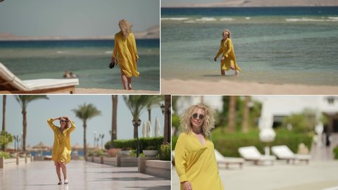 Collage of a cheerful cheerful blonde enjoying a vacation at the resort.