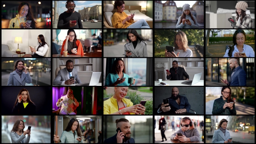 Multiscreen with happy people with phones in their hands, different in age and race. | Shutterstock HD Video #1086192635