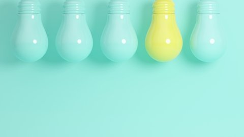 Row of lamps with one yellow shiny on a blue background. Business concept idea. Minimal modern motion design. Abstract animation.