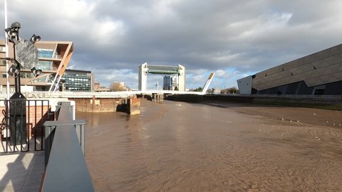 Hull, Yorkshire, UK 01 30 2022 Tall flood barrier and bridge