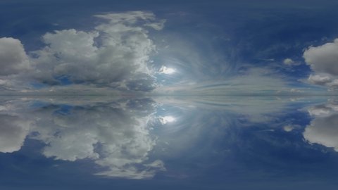 360 panorama spherical vr clouds, sky view cloudy nature equirectangular cloudscape, skyscape skydome, 360 degree environment space. High quality 4k footage Mirror lake sea Timelapse