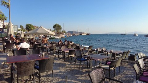 Restaurant in Bodrum with the Aegean Sea in the background. Bodrum Turkey August 2021