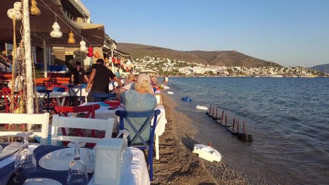 Restaurant in Bodrum on the beach. Bodrum Turkey August 2021