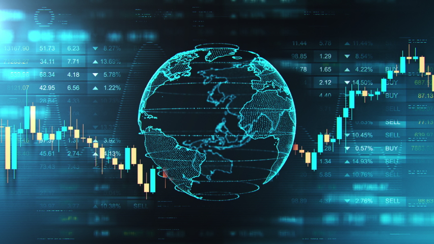 World globe animation with stock market information background. Abstract financial business analysis motion. Trendy futuristic texture for commerce concept. Seamless loop. | Shutterstock HD Video #1086200591