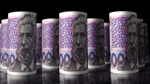 Croatia Kuna money rolls loop 3d animation. Camera moving in front of the HRK rolling banknotes. Seamless loopable concept of economy, finance, business and debt.