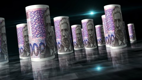 Croatia Kuna rolls loop 3d animation. Money on the table. Seamless and loopable abstract concept of economy, finance, business and recession. Camera between HRK rolled banknotes.
