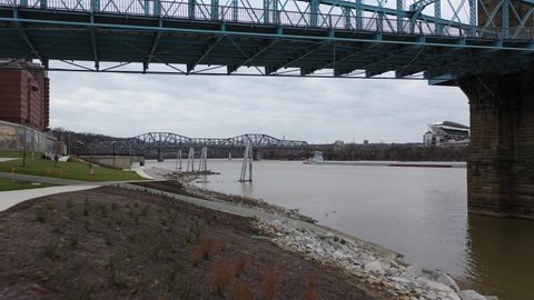 Cincinnati under Bridge 4K Drone