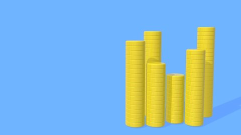 A mountain of golden coins grows on a blue background. 3d animation with place for text. The concept of savings, finance and investment.