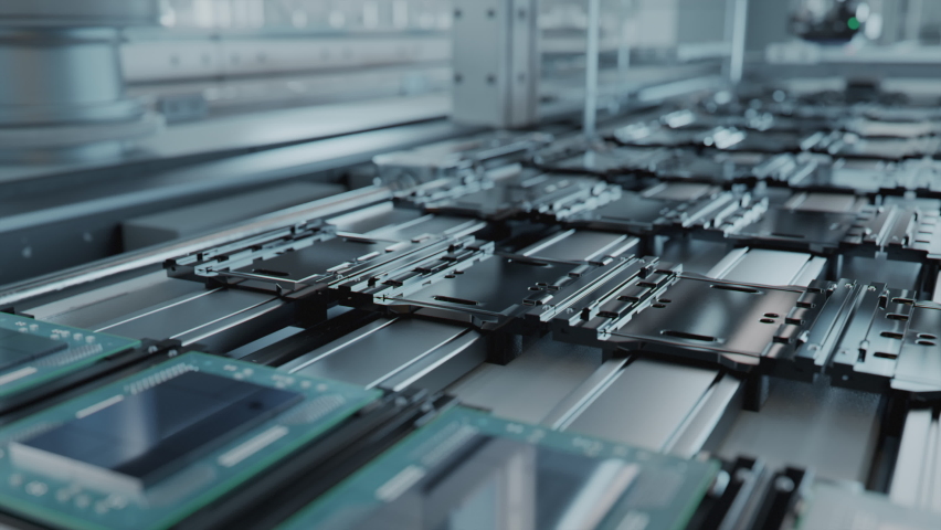 Macro Shot of Rows of Computer Processors on Production Line on Electronics Factory. Microchip Production Process. Royalty-Free Stock Footage #1086212087
