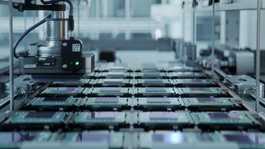 Shot of Production Line with Computer Processors on Electronics Factory. Microchip Production Process. Royalty-Free Stock Footage #1086212471