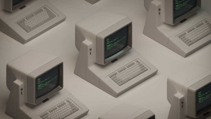 Old PC or personal computers with keyboard dynamic motion. Abstract 3D Render pattern. Source code on screens, displays. Grey, white colors. Vintage 80s, 90s retro style 4K seamless loop animation | Shutterstock HD Video #1086217832