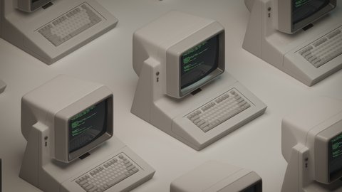 Old PC or personal computers with keyboard dynamic motion. Abstract 3D Render pattern. Source code on screens, displays. Grey, white colors. Vintage 80s, 90s retro style 4K seamless loop animation Adlı Stok Video
