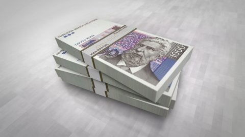 Croatia Kuna money pile pack. Concept background of economy, banking, business, crisis, recession, debt and finance. 1000 HRK banknotes stacks 3d animation.
