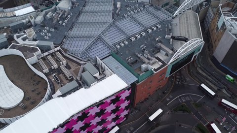 BIRMINGHAM, UK - 2022: Establishing aerial reveal of Birmingham UK city centre Bullring area with Selfridges