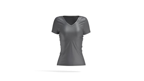 Blank black women slimfit t-shirt mock up, looped rotation, 3d rendering. Empty spin training fit tee-shirt for workout mockup, isolated on white background. Clear v-neck basic softwear template.