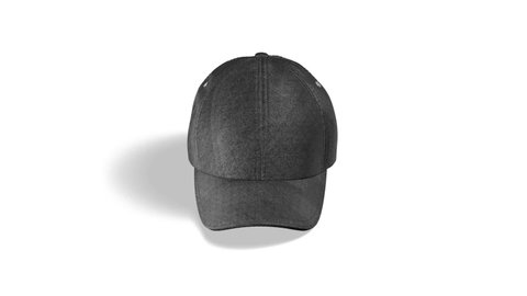 Blank black baseball cap mock up, looped rotation, 3d rendering. Empty turning flannel head-dress for courier uniform mockup, isolated on white background. Clear sport headgear with visor template.