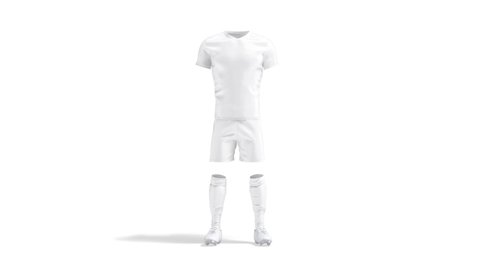 Blank white soccer uniform mockup, looped rotation, 3d rendering. Empty t-shirt and shorts for professional football team mock up isolated on white background. Rotating duffle for sport club template.