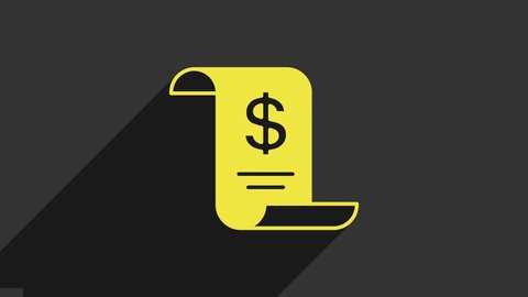 Yellow Paper or financial check icon isolated on grey background. Paper print check, shop receipt or bill. 4K Video motion graphic animation.