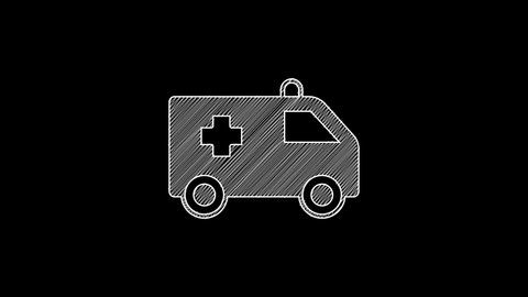 White line Ambulance and emergency car icon isolated on black background. Ambulance vehicle medical evacuation. 4K Video motion graphic animation.
