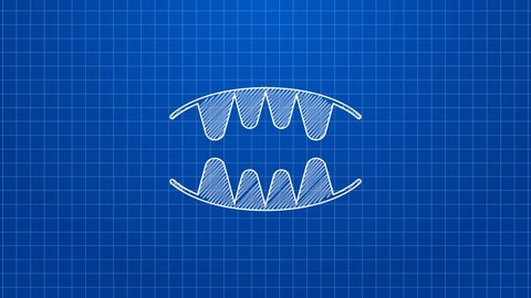 White line Vampire teeth icon isolated on blue background. Happy Halloween party. 4K Video motion graphic animation.