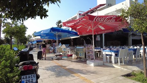 Cafes and restaurants on Bodrum street. Bodrum Turkey August 2021