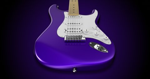 Beautiful Shiny Purple Electric Guitar Flying Slowly. Macro Shot. Art And Entertainment Related 4K 3D Motion Graphics.