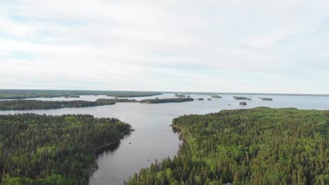 A scenic shot of the Churchill River in Northern Saskatchewan, Canada, surrounded by the forest
