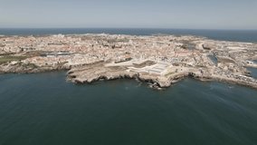 Maritime Fortress of Peniche. Aerial forward of cityscape, Peniche, Portugal