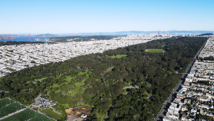 Aerial View of Golden Gate Park and Bridge in San francisco. Fly Right