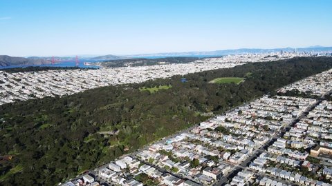 Aerial View of Golden Gate Park and Bridge in San francisco. Fly Right