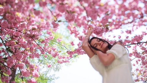 Close up portrait Smiling attractive young adult woman model looking at camera, happy beautiful brunette lady pretty face dental smile posing stand alone at park on a background of sakura trees