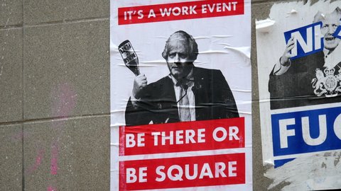 Norwich, Norfolk, United Kingdom. Circa January, 2022. Satirical poster on wall in a Norwich street referencing Prime Minister Boris Johnson's alleged parties in Downing Street during lockdown.