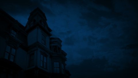 Lightning Strikes Near Old Gothic House At Night