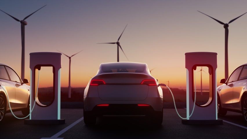 Charging station in sunset light. Charging process. Parking with electric cars. Green energy recovery concept. Royalty-Free Stock Footage #1086255338