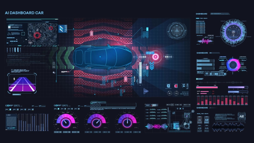 Accident prevention system. Autonomous vehicle movement. Help the driver while driving. Top view of a self-driving CAR on the road. Futuristic user interface HUD, FUI. Hologram, copy space. - Powered by Shutterstock - Get 15% off with code: PIKWIZARD15