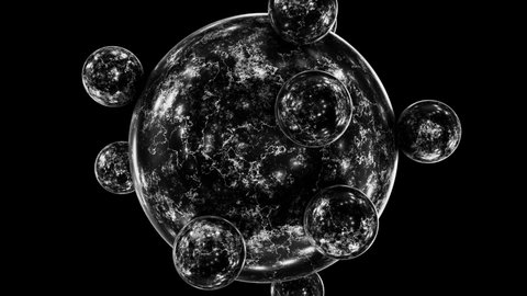 Realistic looping satisfying 3D animation of the black marble or granite sphere with orbital rolling small marble spheres as satellites rendered in UHD with alpha matte