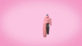 Hand holding phone with message, icons and emoji. Communication concept on pink background. Social networking concept. Cartoon video for web sites and banners design.  3d animation