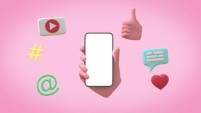 Hand holding phone with message, icons and emoji. Communication concept on pink background. Social networking concept. Cartoon video for web sites and banners design.  3d animation - Powered by Shutterstock - Get 15% off with code: PIKWIZARD15