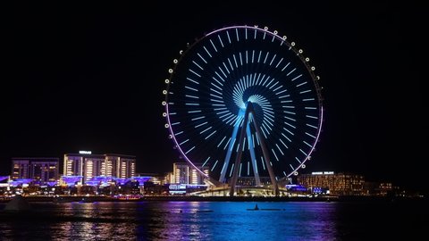 Dubai , United Arab Emirates - 01 11 2022: Tallest Ferris wheel in the world, light show on Ain Dubai at night 