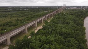 Majestic and long Zarate Brazo Largo Bridge in Argentina. Aerial drone view