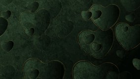 Dark green Valentines Day grunge abstract motion background with golden outlined hearts. Seamless looping. Video animation Ultra HD 4K 3840x2160