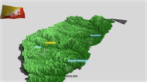 Seamless looping animation of the earth zooming in to the 3d map of Bhutan with the capital and the biggest cites in 4K resolution