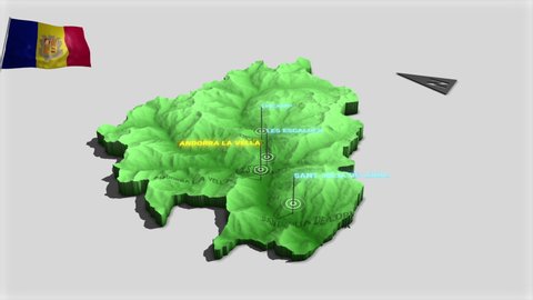 Seamless looping animation of the earth zooming in to the 3d map of Andorra with the capital and the biggest cites in 4K resolution
